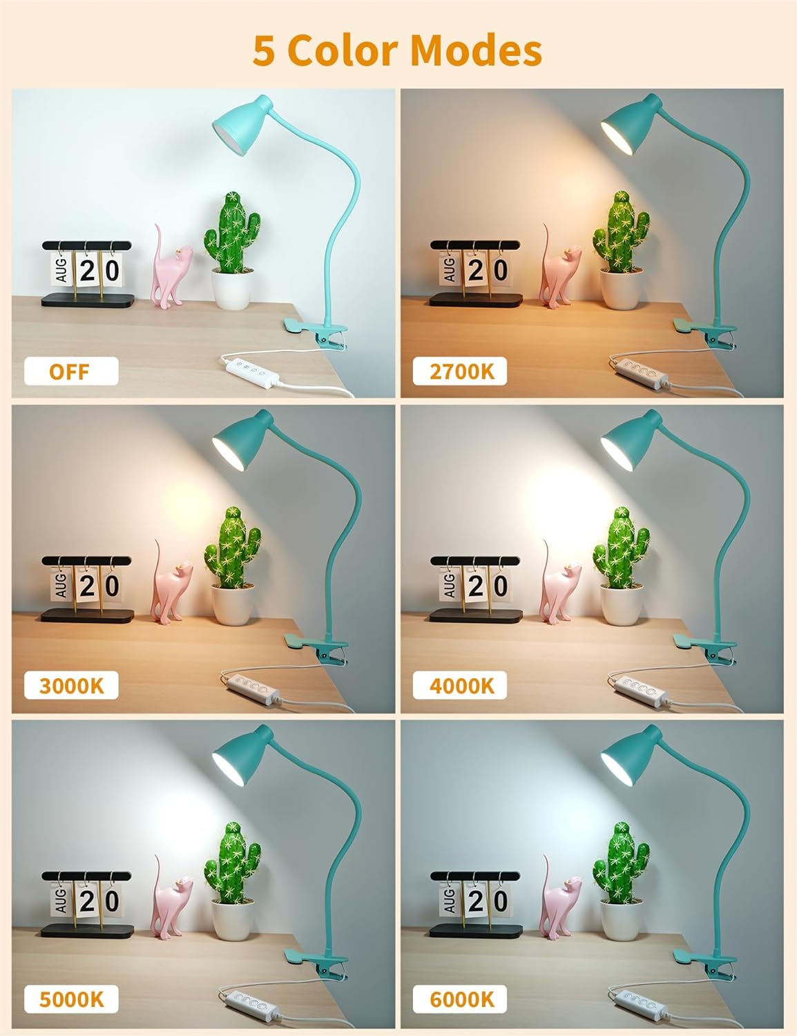 BOHON Clip on Light, 10W 38 LED Desk Lamp with Clamp, 5 Color 10 Brightness Auto Off Timer, Flexible Neck Clip Lamp, Desk Lights for Office Home Bed Bedside Reading, Bright Yellow