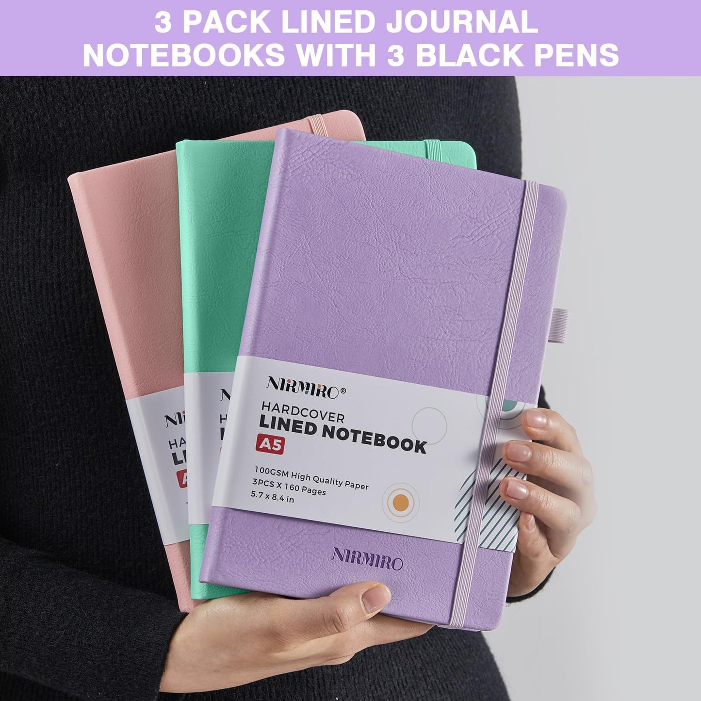 NIRMIRO 3 Pack Pocket Notebook Journals, Small Notepad Notebooks for Note Taking, A6 Mini Note pads with Pen Holder, 408 Lined Pages, 3.7" x 5.7", Black, Brown, Blue