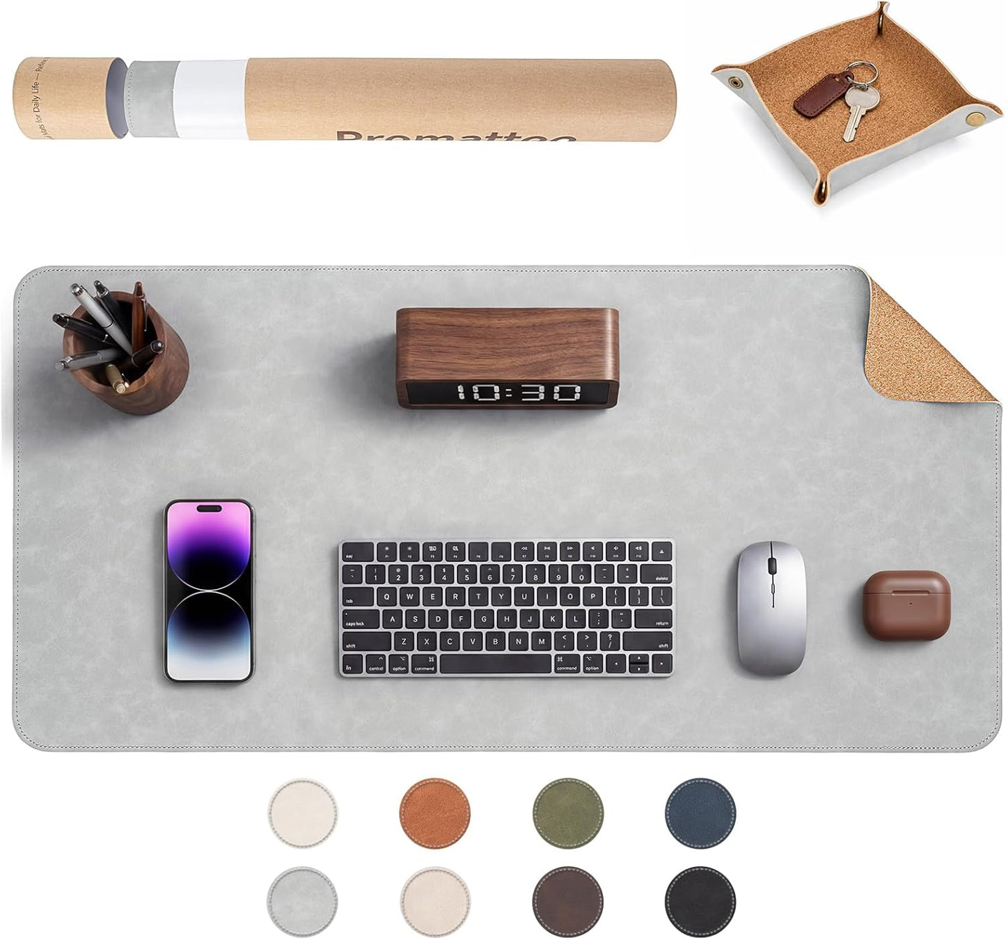 Premium Faux Leather Desk Mat & Tray Set，Innovative Cork-Look Printed Base，Gift Tube Packaging，Full-Desk Coverage，Non-Slip Desk Pad for Office Home（Olive Green）