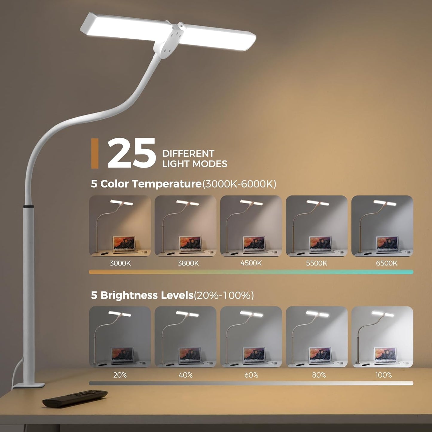 Motumen Led Desk Lamp for Home Office, Eye-Care Architect Light with Clamp, Smart Double Head Computer Monitor Table Clip Lamp, Adjustable Flexible Goose-Neck, 25 Lighting Models, Task Lamp, Black
