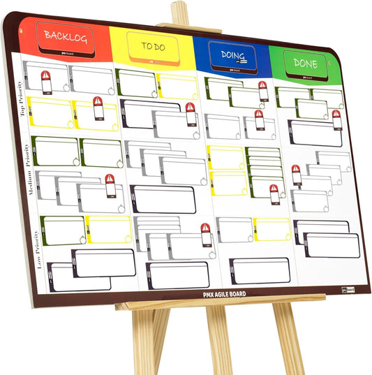 Full Magnetic Agile Board Kit (42" 23") Kanban & Scrum Dry Erase Project Management Board with 84 Magnetic Cards, Easel Stand & Accessories