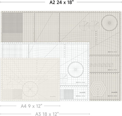 KEARING A3 Self Healing Cutting Mat 12x18 Inch, 3mm Thick Double-Sided High-Contrast Craft Mat with Grid, Premium 5-Ply PVC Construction, Beige and Charcoal Grey, for Sewing, Quilting, Crafts, 1 PCS