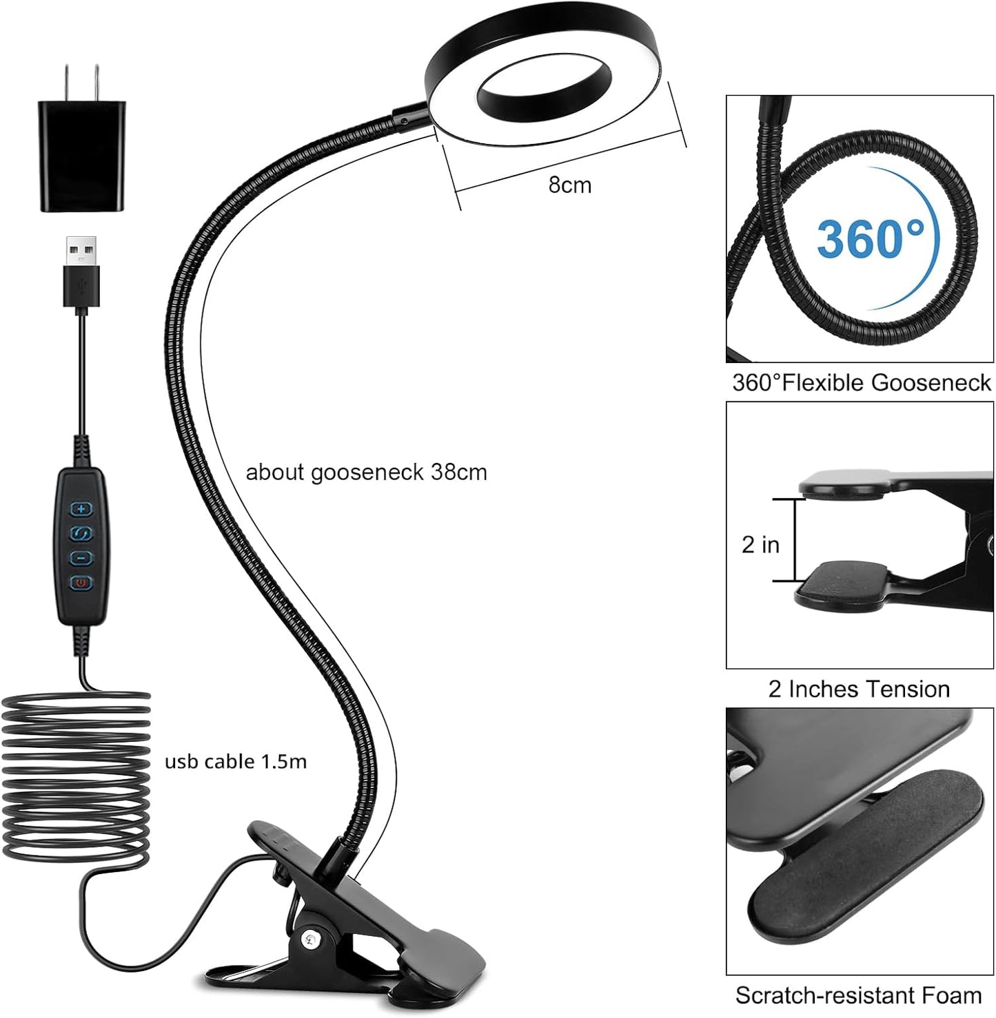 Woputne Desk Lamp Clip Light, 10 Dimmable Brightness 3 Light Modes Reading Light, Clamp Bedside Lamp for Painting, Craft, Study (Black)