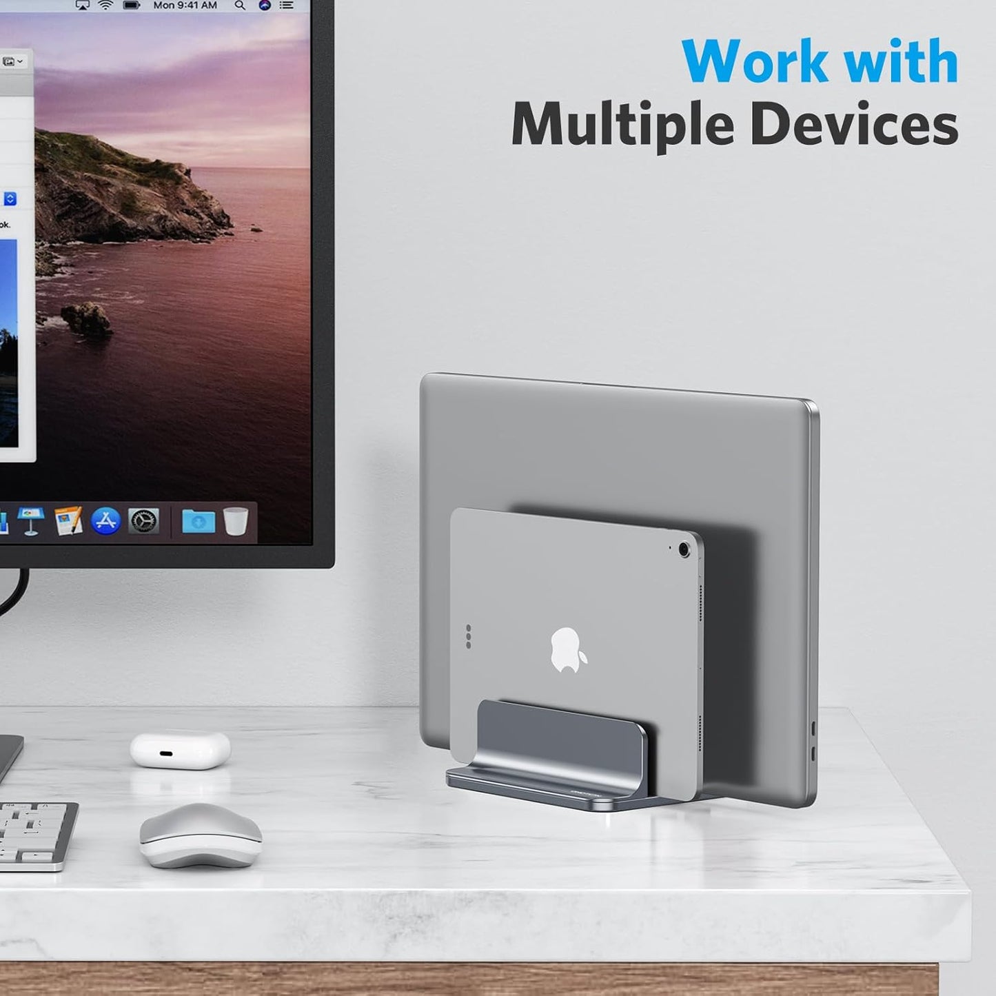 OMOTON Vertical Laptop Stand [Updated Double Version], Desktop Aluminum Mac Book Stand with Adjustable Dock Size, Fits All Mac Book, Surface, Chrome Book and Gaming Laptops (Up to 17.3 inch) (Black)
