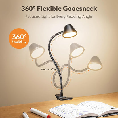 LEPOWER Clip on Light, 7W Reading Lights for Books in Bed with 5 Colors & Stepless Dimming, RG0 Eye-Care, Amber Glow Light & Auto Timer, Strong Clamp with Adapter for Headboard, Bedside, Desk, Black