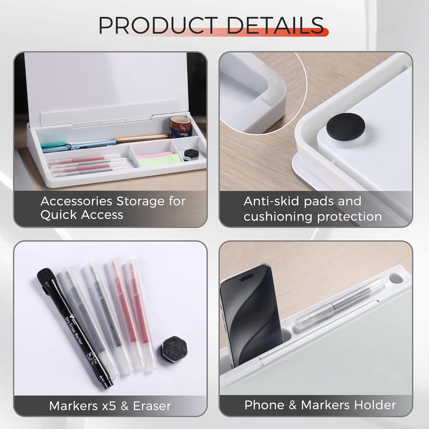 TOWON Small Compact Glass Desktop Whiteboard with Storage – 12 x 7 in Dry Erase Board for Desk, Home Office, School | Includes 5 Markers, Eraser & Holder | Space-Saving Organizer, Aesthetic Rose Gold