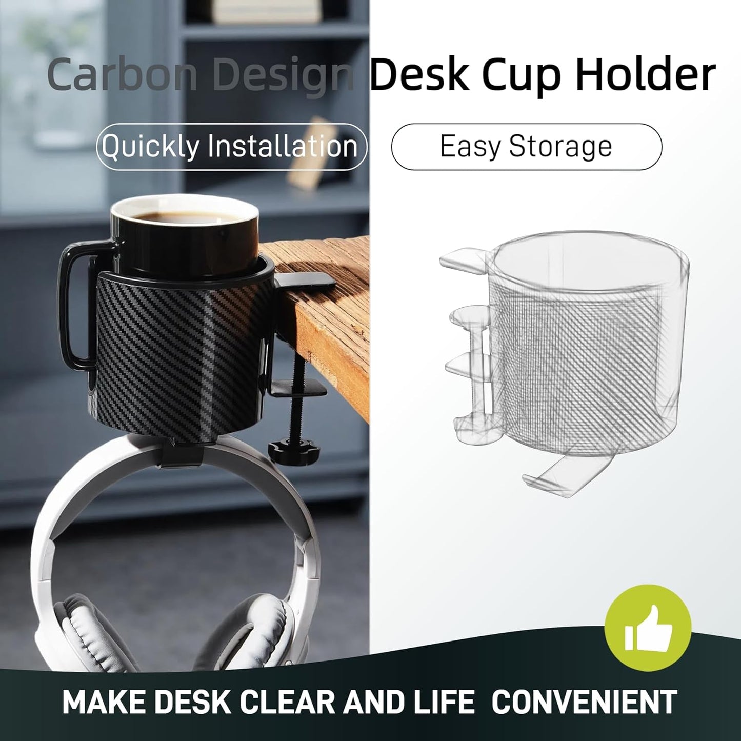 GUNKING Luxury 2-in-1 Anti-Spill Cup Holder with Under Desk Headphone Hanger (White)