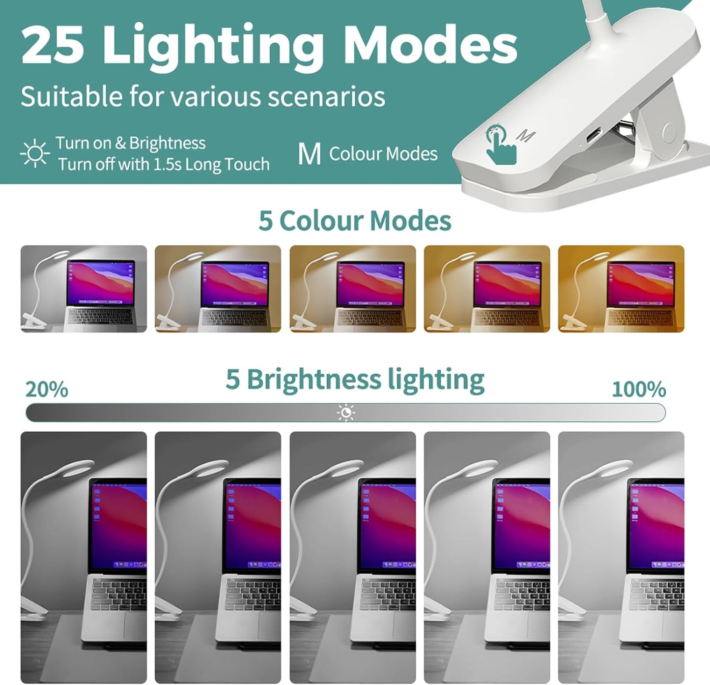 CUHIOY Rechargeable Clip on Reading Light for Bed, Battery Desk Lamp, 5 Color 5 Brightness & Touch Control Headboard Lamp, Large Clamp Lamp with Flexible Neck, Eye Protect LED Bedside Light, Pink