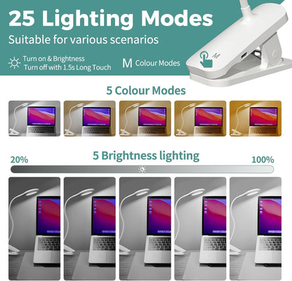 CUHIOY Rechargeable Clip on Reading Light for Bed, Battery Desk Lamp, 5 Color 5 Brightness & Touch Control Headboard Lamp, Large Clamp Lamp with Flexible Neck, Eye Protect LED Bedside Light, Pink