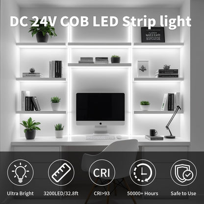 32.8FT/10M Blue COB LED Strip Light, 3200LEDS LED Tape Lights, High Bright CRI93+ Flexible Dimmable Light Strip for Bedroom TV Backlight Monitor Gaming Room Bar Decor(with Plug)