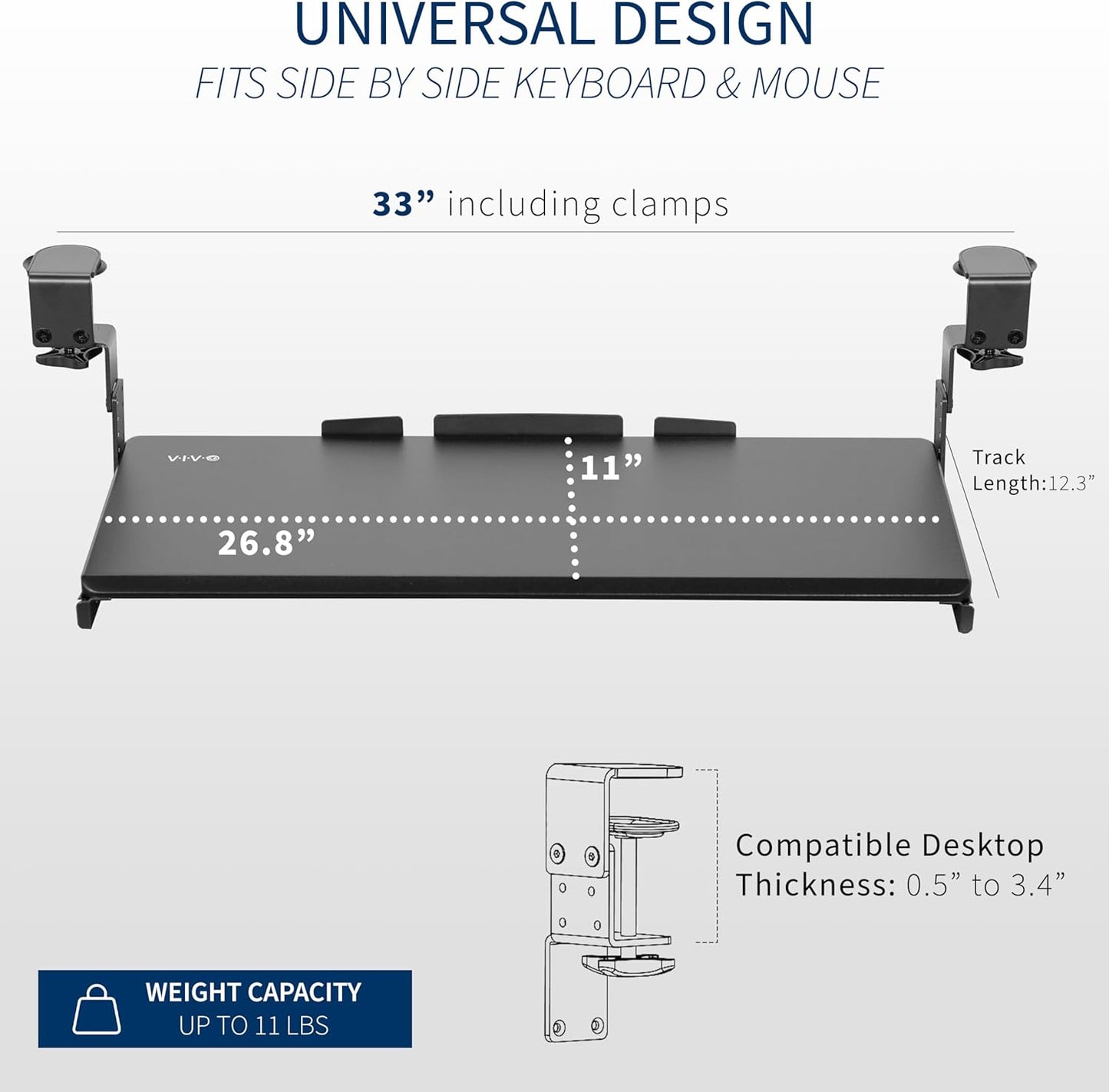 VIVO Large Height Adjustable Under Desk Keyboard Tray, C-clamp Mount System, 27 (33 Including Clamps) x 11 inch Slide-Out Platform for Typing, White, MOUNT-KB05HW