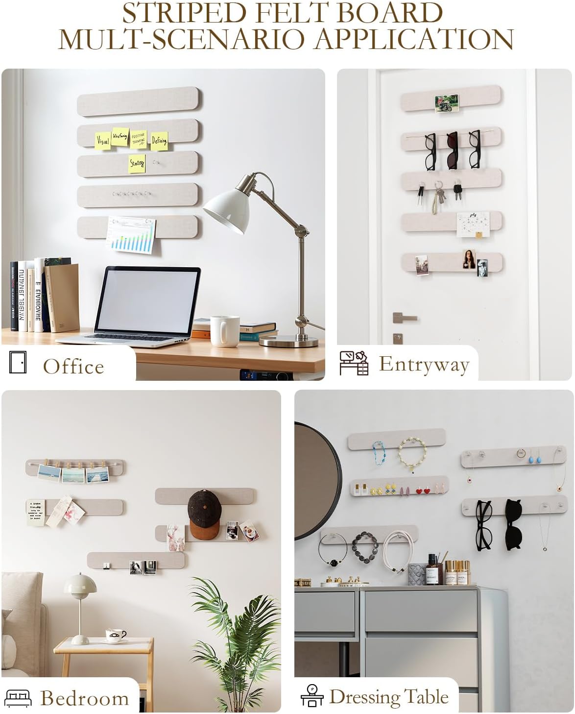 JBER Felt Strip Board 5 Pack 13"x2", Cork Board Alternative Pin Bulletin Board, Self-Adhesive Vision Board with 25 Push Pins for Walls, Office & Home Decor(Light Camel)
