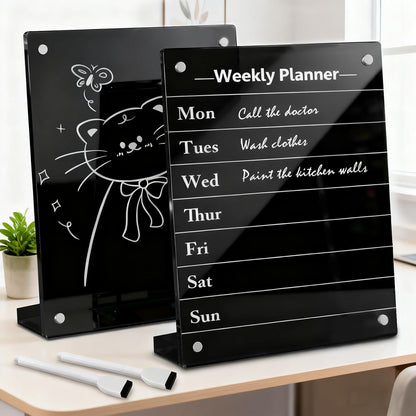 2PCS Clear Acrylic Weekly Dry Erase Board Desktop, 8x6 Small Magnetic Whiteboard with Stand for Table Calendar Memo Board for Fridge, Office, School, Home