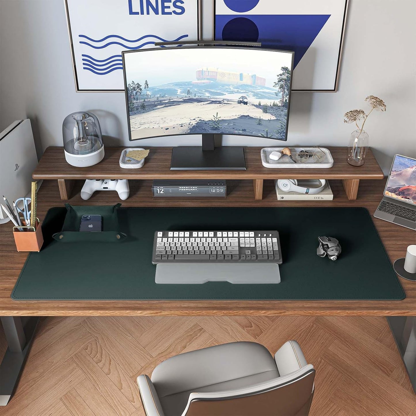DAWNTREES Dual Sided Desk Mat,Leather Desk Pad,Brown 40"x16",Cork Desk Mat Protector,with PU Leather Valet Tray Organizer,Large Mouse Pad,Desk Writing Pad for Office and Home