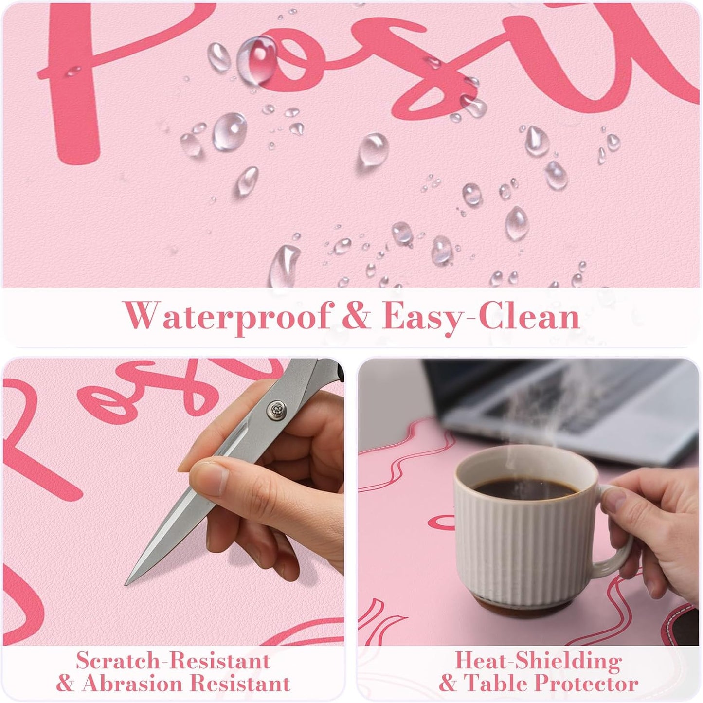 iCasso Pink Leather Desk Mat,Extra Large Scalloped Mouse Pad for Desktop,Waterproof PU Nail Table Mat,Cute Keyboard Mats for Women Girl,Non-Slip Desk Cover Mat for Office Home Dorm