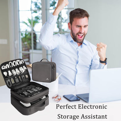 MATEIN Cable Organizer Bag, Waterproof Travel Electronic Storage, Shockproof Portable Double Layer Tech Bags Carrying Case for Cord, Earbuds, Charger, SD Card, DJ Gifts, Black