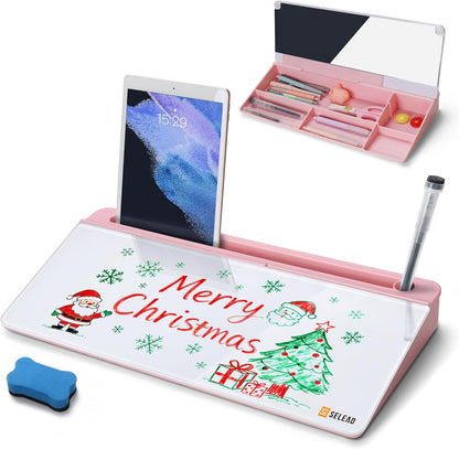 SELEAD Desktop Glass Whiteboard with Wireless Charger Station, Dry Erase Board Computer Pad Keyboard Stand with Organizer for Home, School, Office Desk Accessories, Black