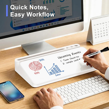 WALGLASS Small Desktop Whiteboard with Storage, Glass Desk Dry Erase White Board Computer Keyboard Stand with Drawer, Desk Organizers with Accessories for Office, Home, School Supplies White