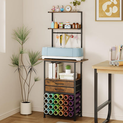 VENNQD Stand Compatible with Cricut Maker and Cricut Explore Air Series Craft Organizers and Storage with 2 Fabric Drawer and Shelves Crafting Table with Vinyl Roll Holder Workstation, White