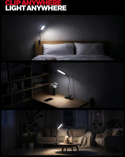 Honeywell Clip On Desk Lamp, Rechargeable Reading Light with Touch Control, Stepless Dimming, Portable Lamp for Desk, Bedside, Study