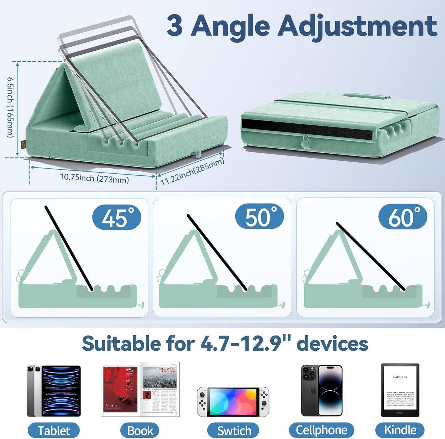 KDD Tablet Pillow Holder, Foldable iPad Stand for Lap, Bed and Desk -Tablet Soft Pad Dock with Pocket & Stylus Mount Compatible with iPad Pro 12.9, 10.5, 9.7 Air Mini 6 5 4 3, Galaxy Tab, E-Reader