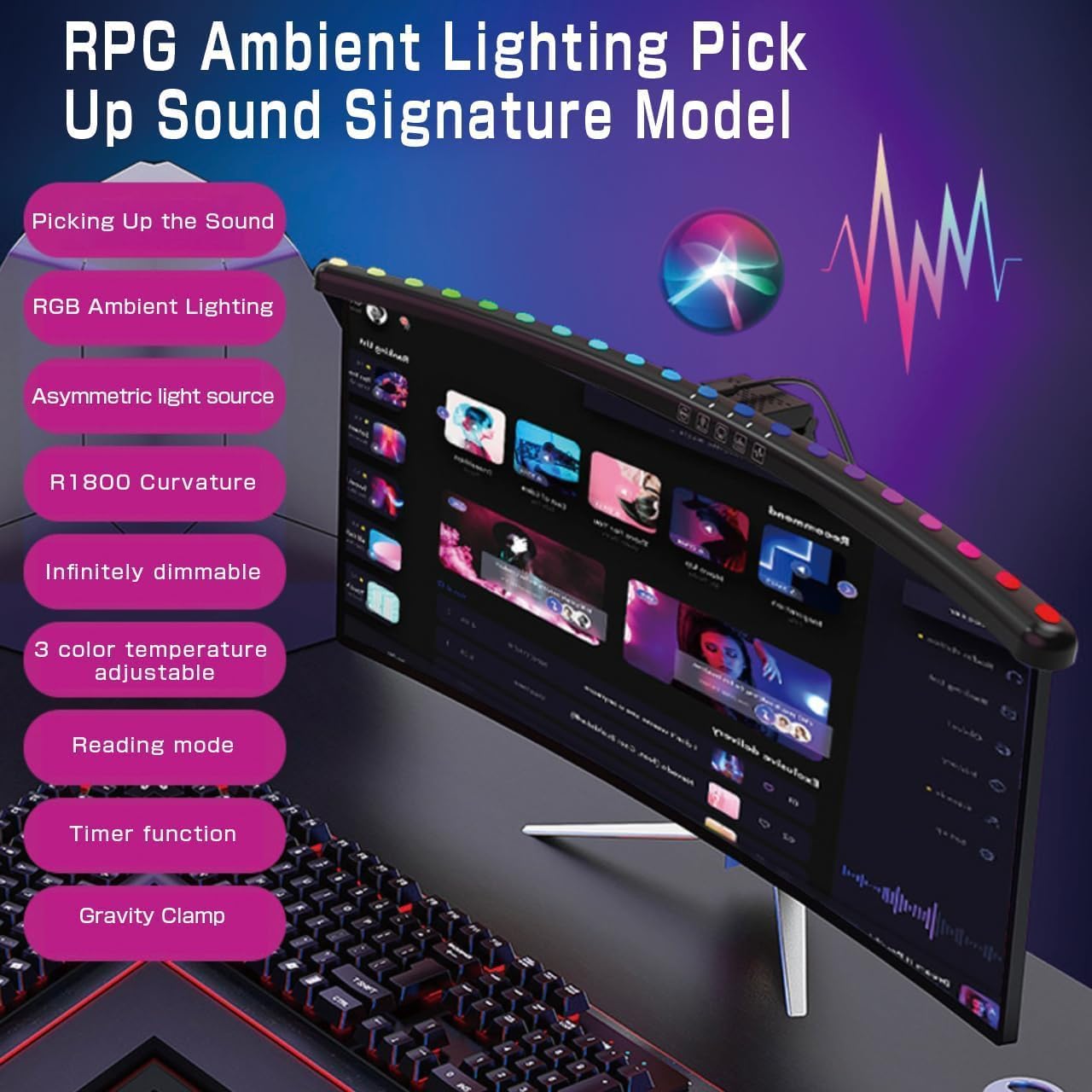 RGB Music Sync Monitor Light Bar for Curved Monitors 24-27 Inch - Touch Control USB Powered Screen Light with Eye Care