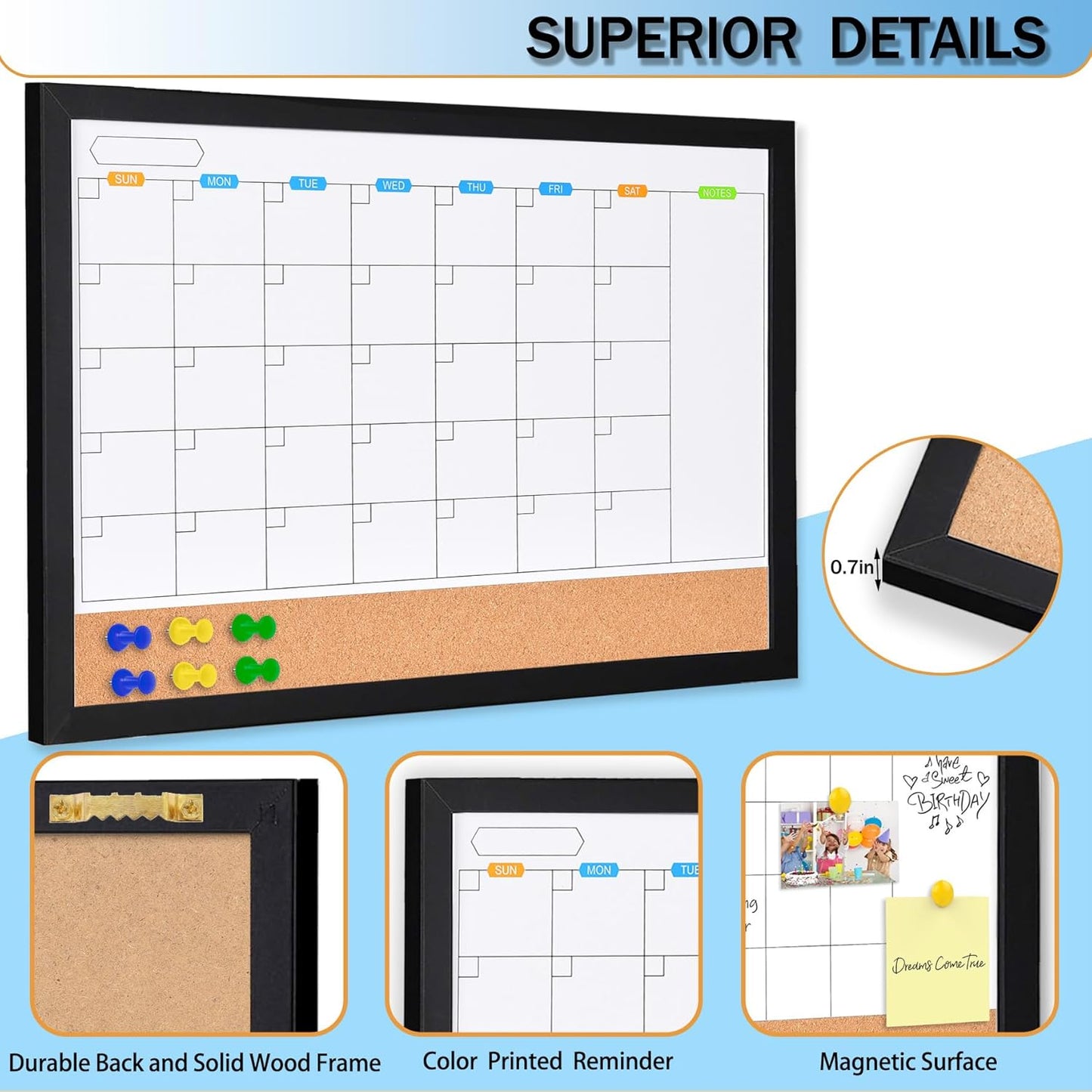 Monthly Whiteboard Calendar with Cork Board for Wall, 17"x13",Magnetic Dry Erase Board with White Wood Framed,2-1 Wall Planner Whiteboard,Bulletin Board with Pins for Home,School,Office