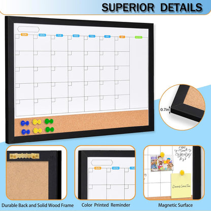 Monthly Whiteboard Calendar with Cork Board for Wall, 17"x13",Magnetic Dry Erase Board with White Wood Framed,2-1 Wall Planner Whiteboard,Bulletin Board with Pins for Home,School,Office