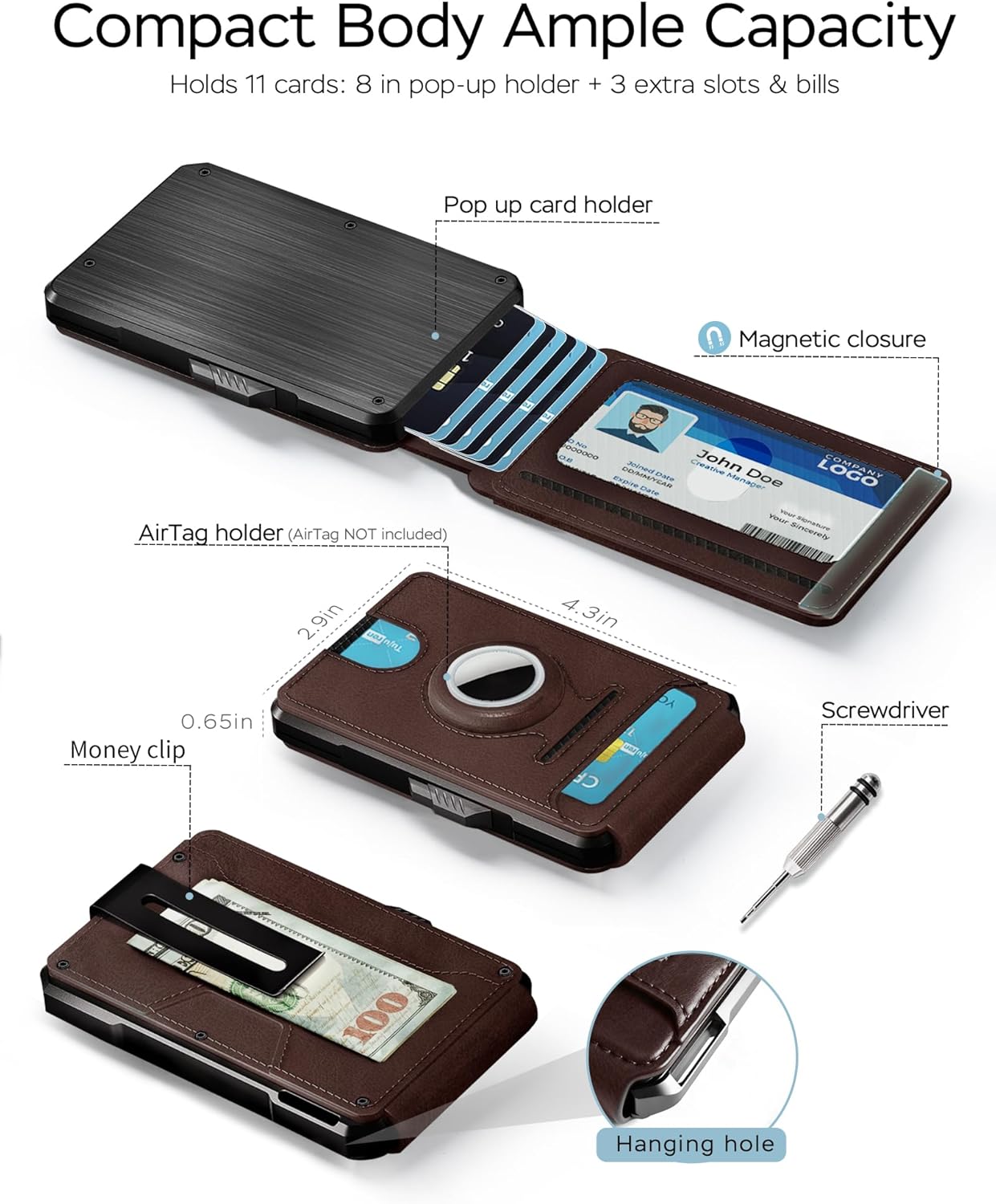 RFID Wallet for Men with AirTag Holder - Brushed Aluminum Pop Up Card Holder, Slim Money Clip Wallet Fits Front Pocket with ID Window, Holds 11 Cards and Cash, Gift for Men