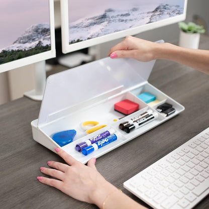 Vivo Glass 16 x 7 inch Dry Erase Board with Storage, Desktop Whiteboard Organizer with Hidden Compartments and Device Slot, Black, DESK-WB16B