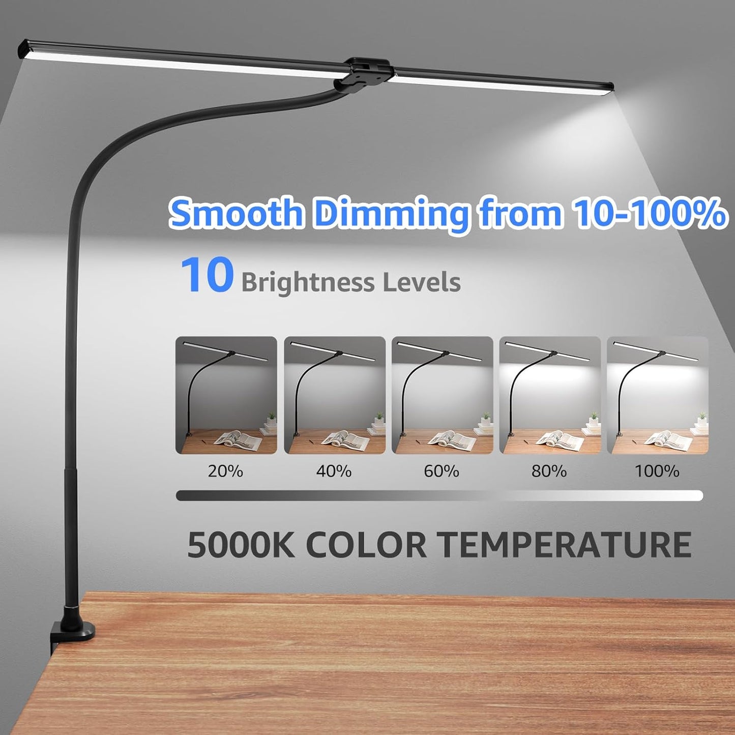 ShineTech LED Desk Lamp for Home Office, Ultra Bright Clamp Light with Flexible Gooseneck, 25 Lighting Modes, Eye-Caring Architect Lamp for Dual Monitors, Reading & Gaming Setup