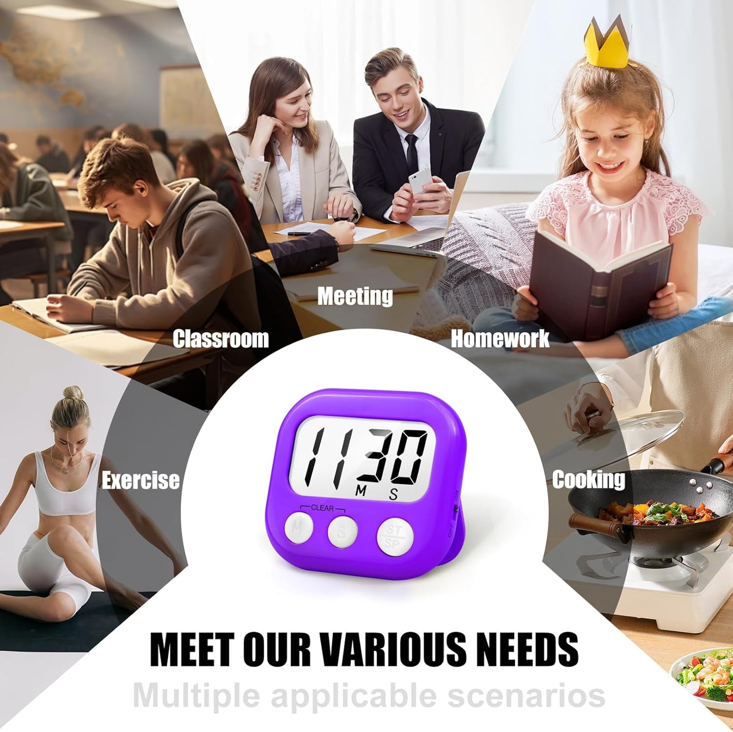 2 Pack Digital Kitchen Timer for Cooking Big Digits Loud Alarm Magnetic Backing Stand Cooking Timers for Baking White