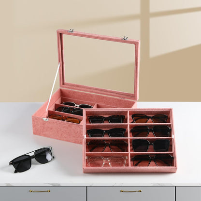 Frebeauty 16 Slots Sunglasses Organizer,2 Layer Velvet Sunglasses Tray with Glass Lid,Multiple Pairs Sunglass Display Case for Man or Woman,13.7 * 10.25 * 4.1 Inches Eyeglass/Eyewear Box (Beige)