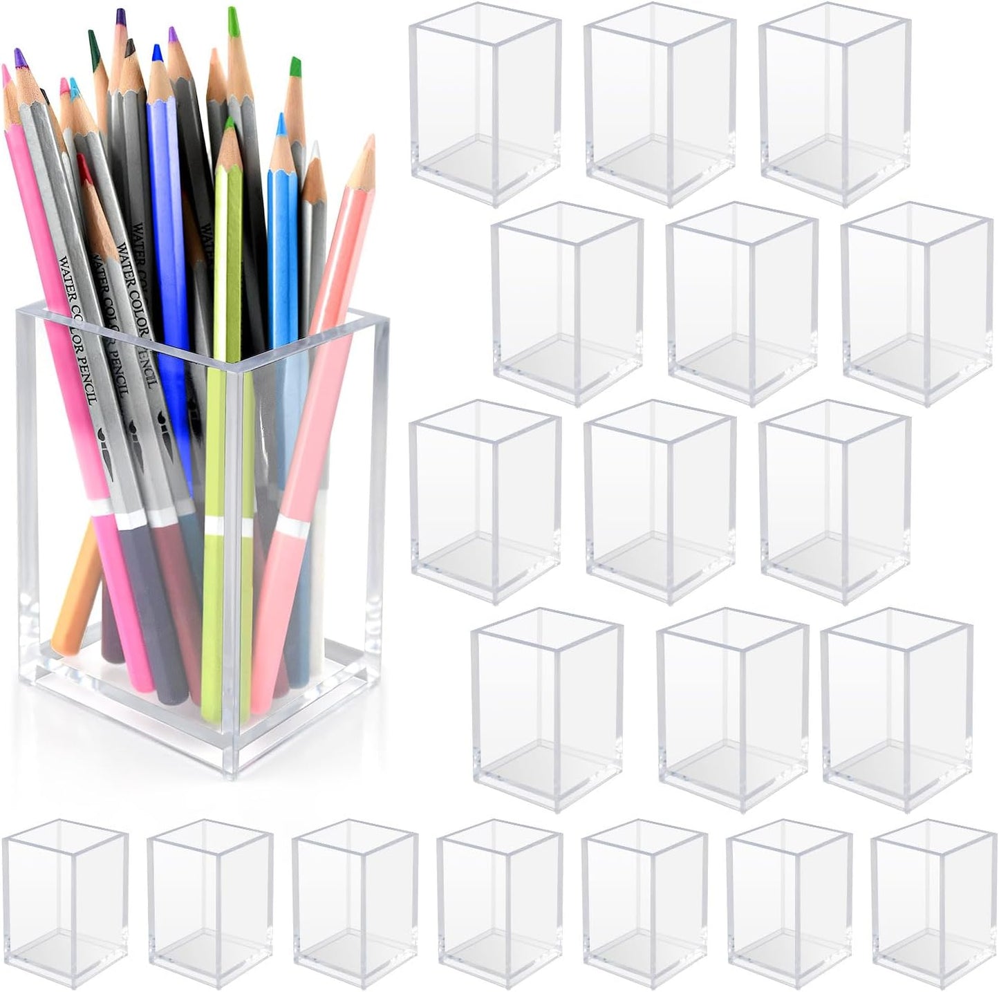 10 Pack Clear Acrylic Pen Holder for Desk, Pencil Cup Makeup Brush Organizer, Square Acrylic Pencil Holders for Office School Home Supplies, Desktop Stationery Organizer for Pens Markers Brushes
