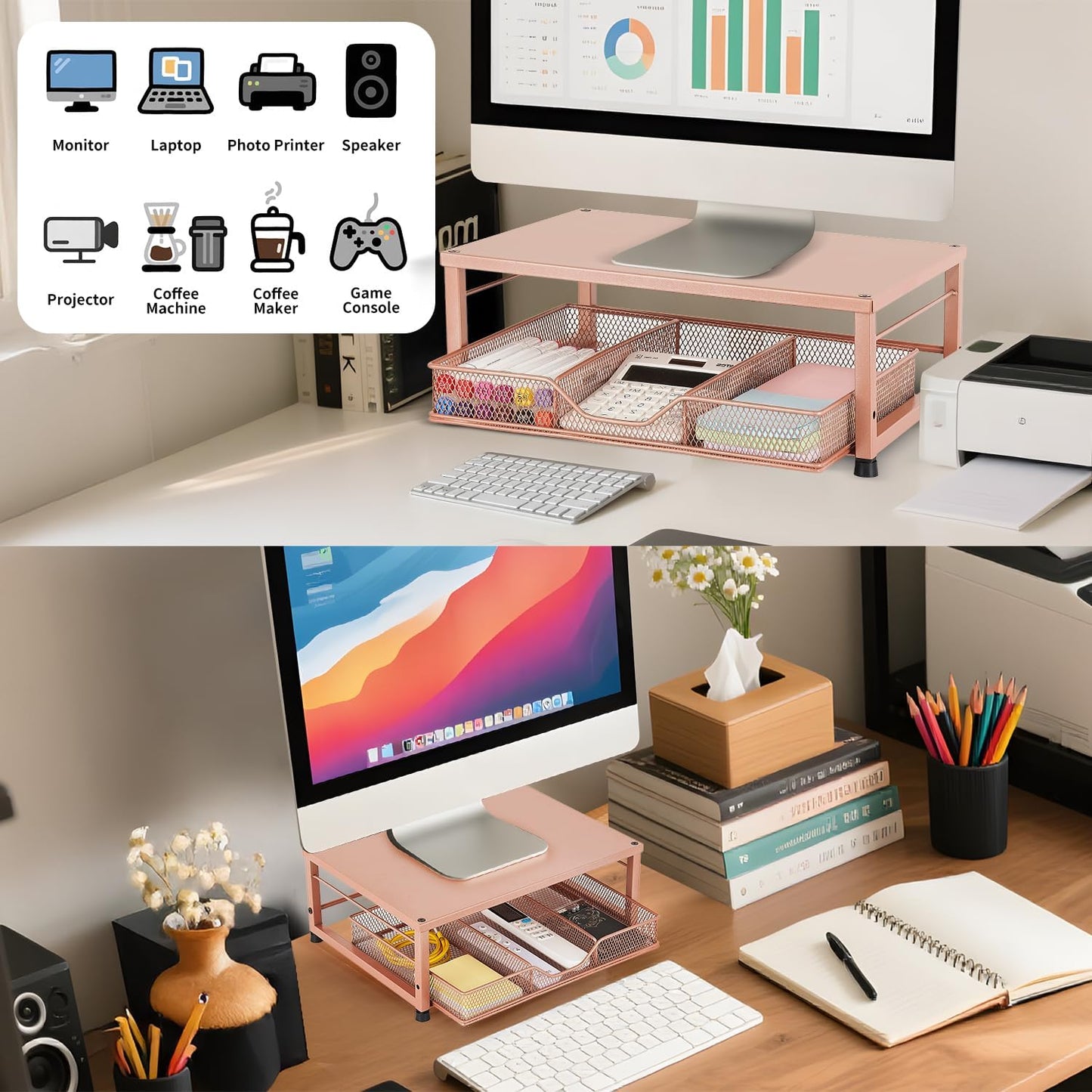 Wood Metal Monitor Stand Riser, Laptop Stand for Desk, Office Desk Organizer and Accessories, Computer Desktop Shelf with Drawer and Pen Holder, Printer Stand for Home, Office, Dorm (Natural Wood)