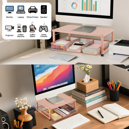 Wood Metal Monitor Stand Riser, Laptop Stand for Desk, Office Desk Organizer and Accessories, Computer Desktop Shelf with Drawer and Pen Holder, Printer Stand for Home, Office, Dorm (Natural Wood)