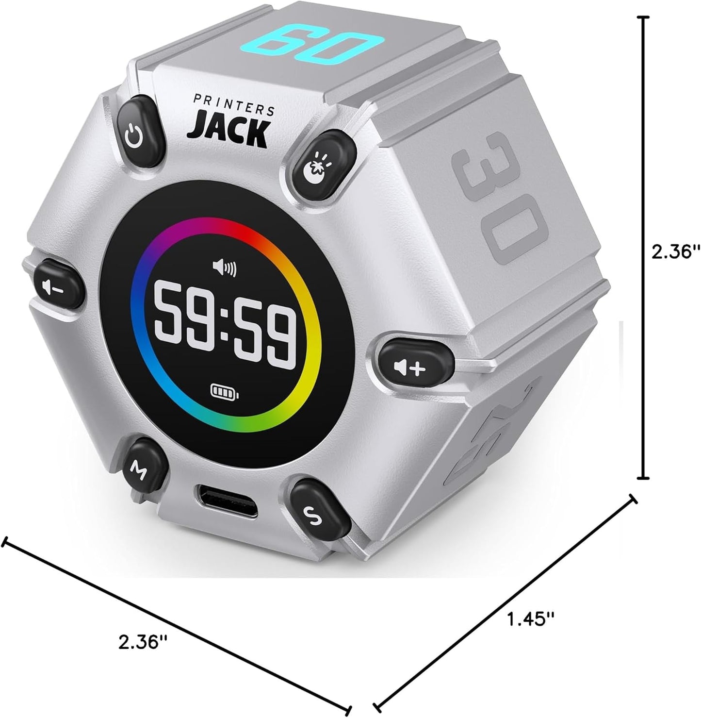 Jack Pomodoro Timer - Productivity Cube, Visual Focus Timer, Mute & Vibration & Adjustable Sound Alert, for Office, ADHD, Study, Work, 3/5/10/25/30/60min & Custom Countdown - Black