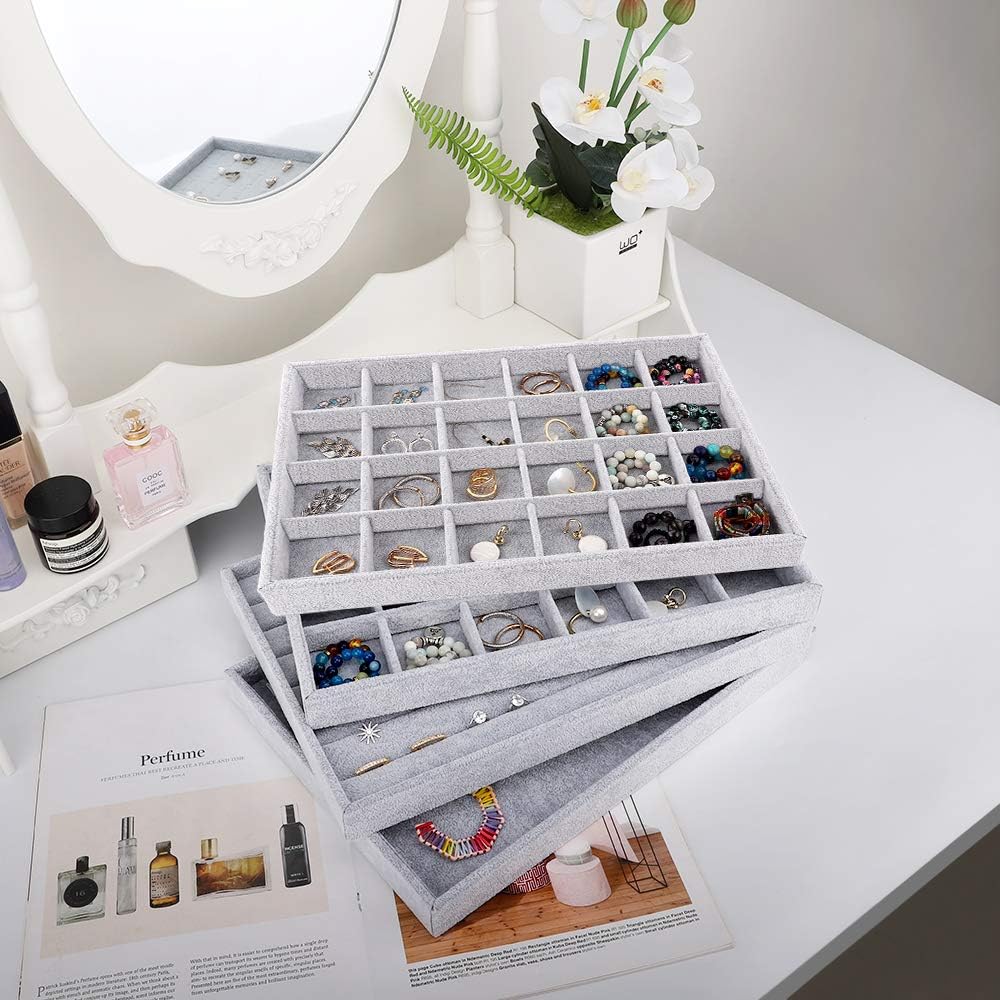 Emibele Glasses Organizer Jewelry Tray, 8 Grids with Clear Lid Velvet Tray Watch Storage Stackable Jewelry Showcase Display Storage with Detachable Inner Dividers, Beige