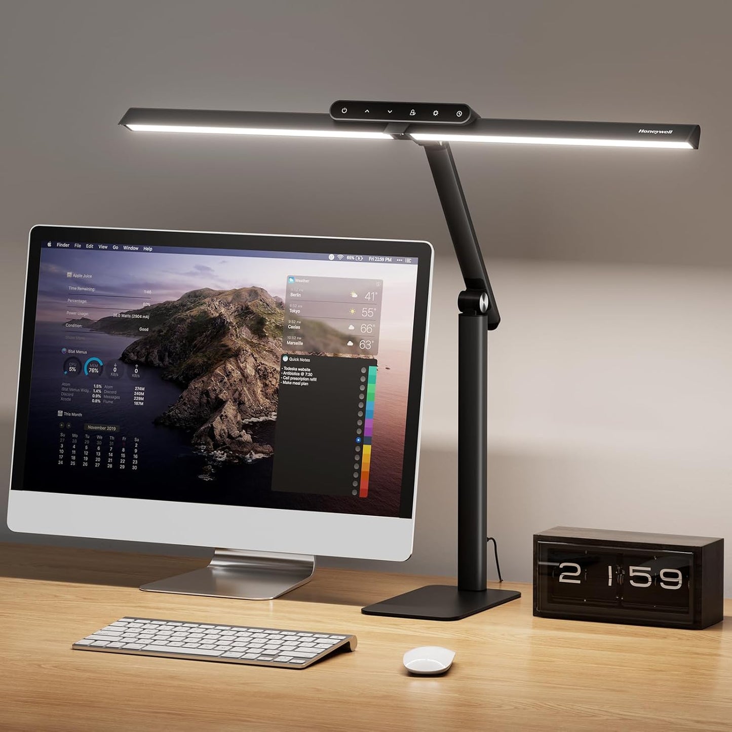 Honeywell LED Desk Lamp with Clamp - HJ1 Sunturalux Eye-Caring Clip on Lights for Home Office, 1200LM Clamp Lamp 4 Color Modes Stepless Dimming Task Desk Light for Working Black
