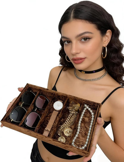 AgentMoon 5-Compartment Velvet Sunglasses & Jewelry Organizer Tray – Adjustable Dividers, Sturdy Wood, Non-Slip Storage for Watches, Glasses, Bracelets, Desk or Drawer.(Tabby Red)
