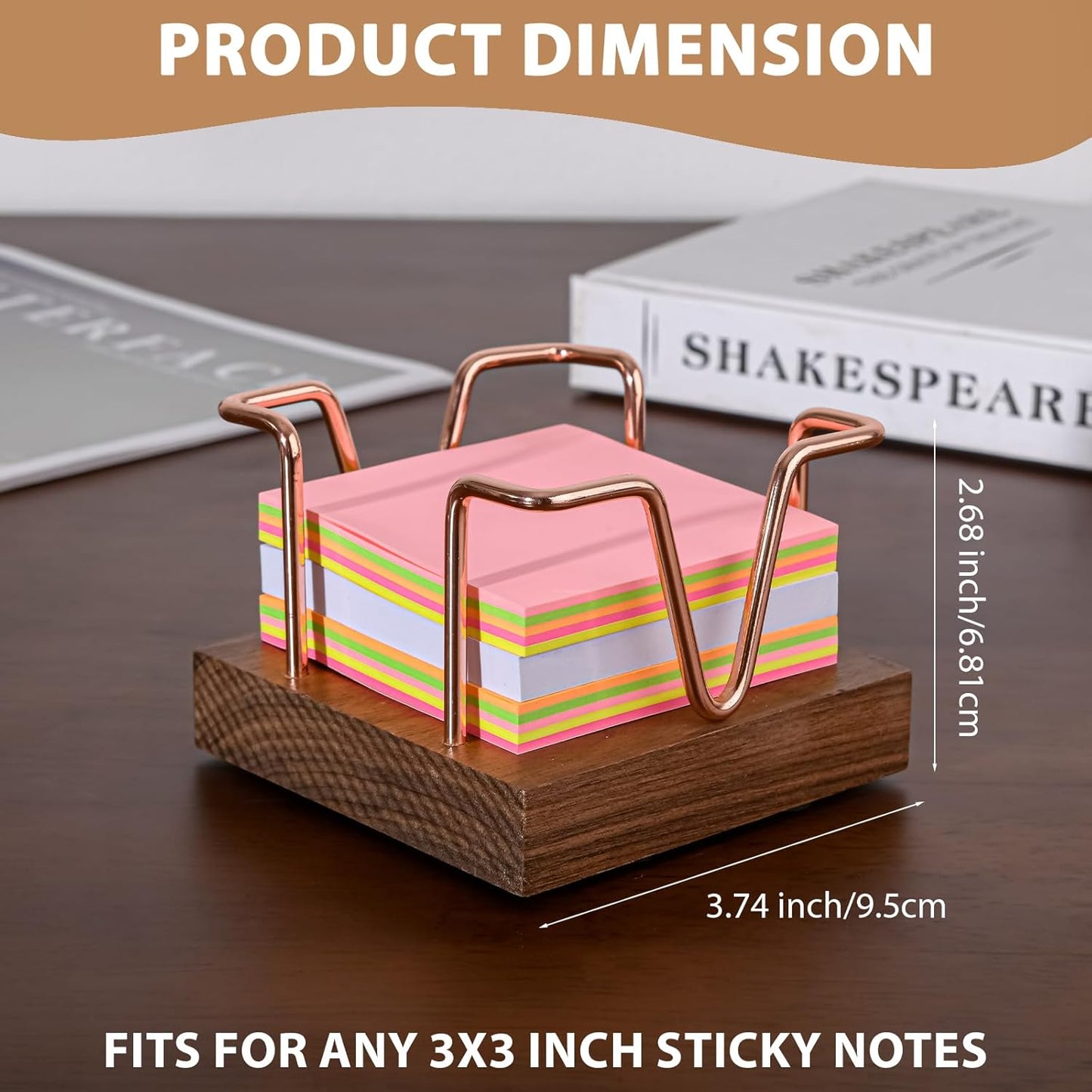 Walnut Wood Sticky Note Holder, 3 x 3 inch Self Stick Note Pad Holder, Post It Note Dispenser Desk Accessories for School and Office Desk Organizer, Gold
