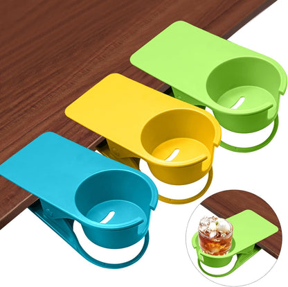 Biaungdo 3 Pack Drinking Cup Holder Clip with Side Hole, Desk Drink Holder Desk Side Clamps Clip Cup Holder Chair Cup Holder for Water Drink Beverage Soda Coffee Mug Holder(Green, Blue, Yellow)