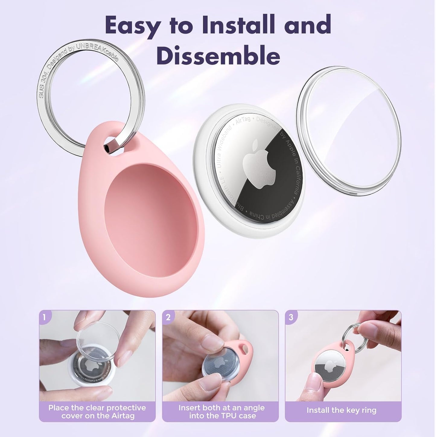 UNBREAKcable AirTag Holder for Apple - 4 Pack Air Tag Case [Fit Tightly Design] [Easy to Install] [Hold Securely] Waterproof TPU Protective Cover with Metal Keychain for Kids,Pet,Luggage,Backpack,Keys