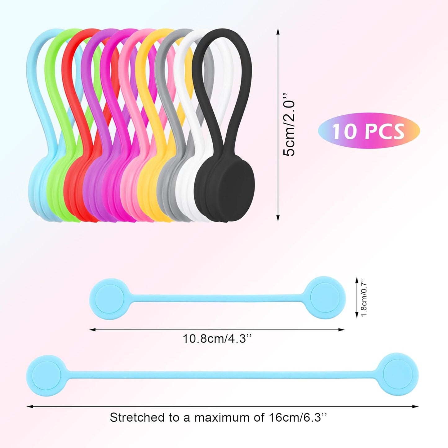 Quacc 10 PCS Reusable Magnetic Cable Ties Magnetic Cable Ties Silicone Cable Straps Wire Organizer for Earphone Phone Charger Audio Cable 10 Colors Silicone Cable Clips for Office, School, Home