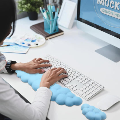 Cloud Wrist Rest Keyboard, PU Leather Memory Foam Wrist Rest for Computer Keyboard, Ergonomic Keyboard Wrist Rest and Cute Mouse Wrist Rest for Gaming,Office,Computer,Typing Pain Relief,Pastel Green