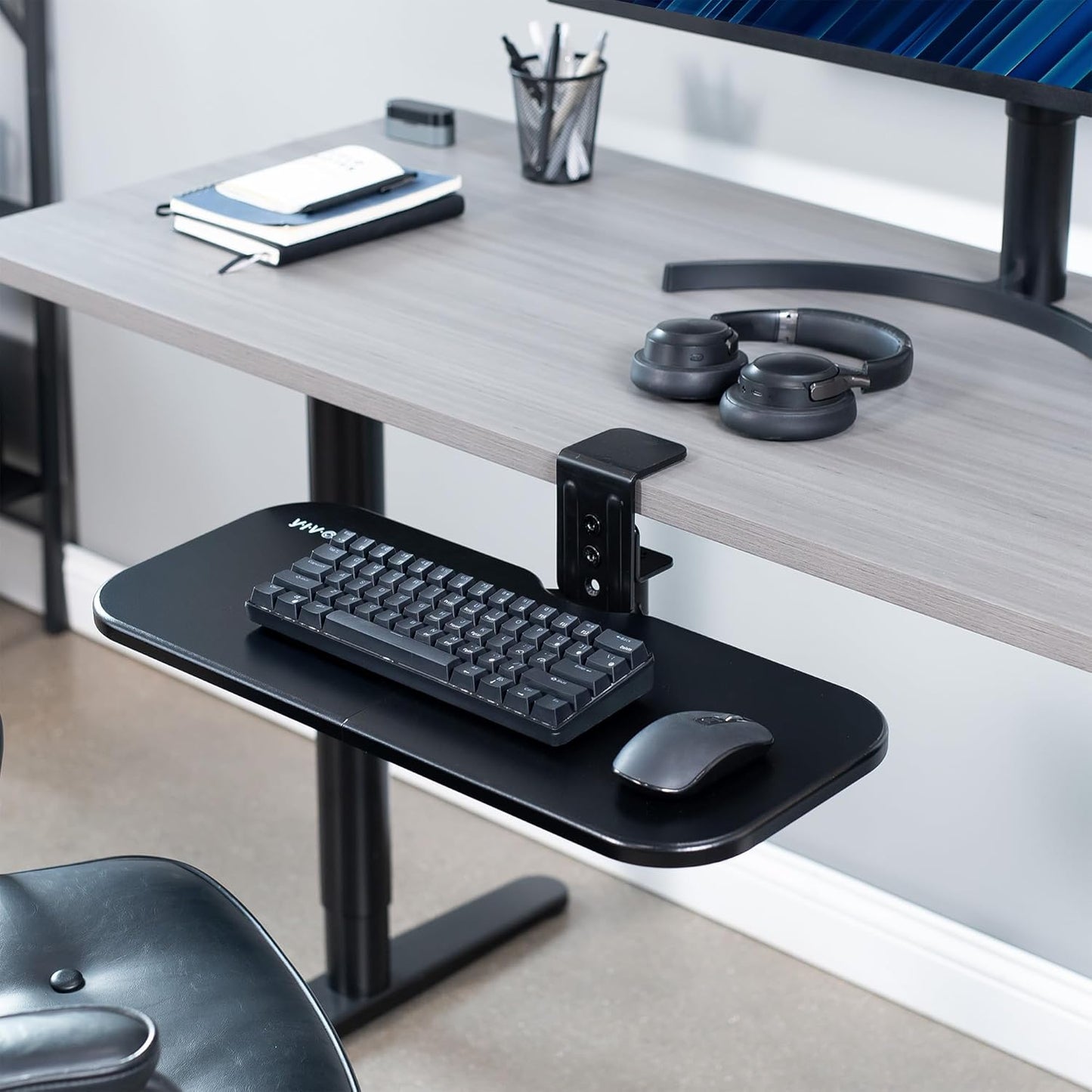 VIVO Clamp-on 23 x 10 inch Rotating Computer Keyboard and Mouse Tray, Extra Sturdy Desk Swivel Clamp, Ergonomic Typing, Black, MOUNT-KB04CB
