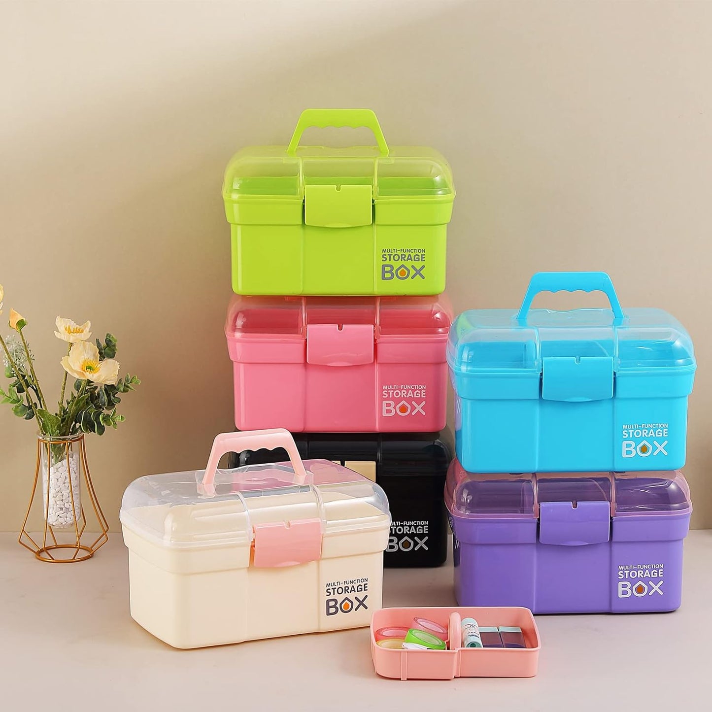 Kinsorcai 11'' Plastic Storage Box with Removable Tray, Multipurpose Organizer and Storage Case for Art Craft and Cosmetic (Green)