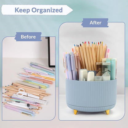 SKYDUE 360 Rotating Plastic Desk Pen Organizer with 5 Slots, Dual-Purpose Art Supply Pencil Cup for Office, School, Home