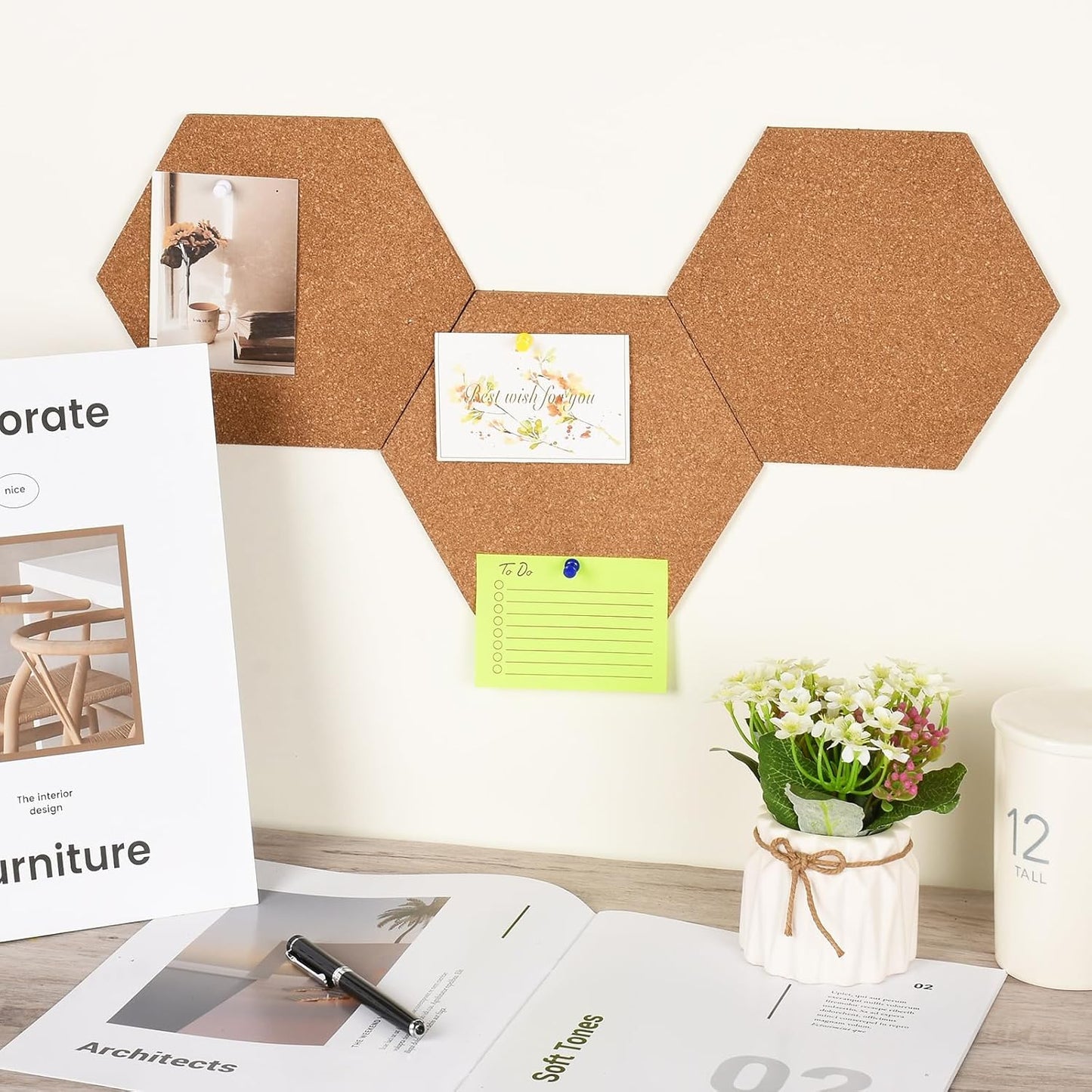 6 Pack Corkboard Strips for Walls, Self Adhesive Thick Cork Board Strips, Peel and Stick Cork Board with 50 Push Pins for Paste Notes, Photos, Schedules