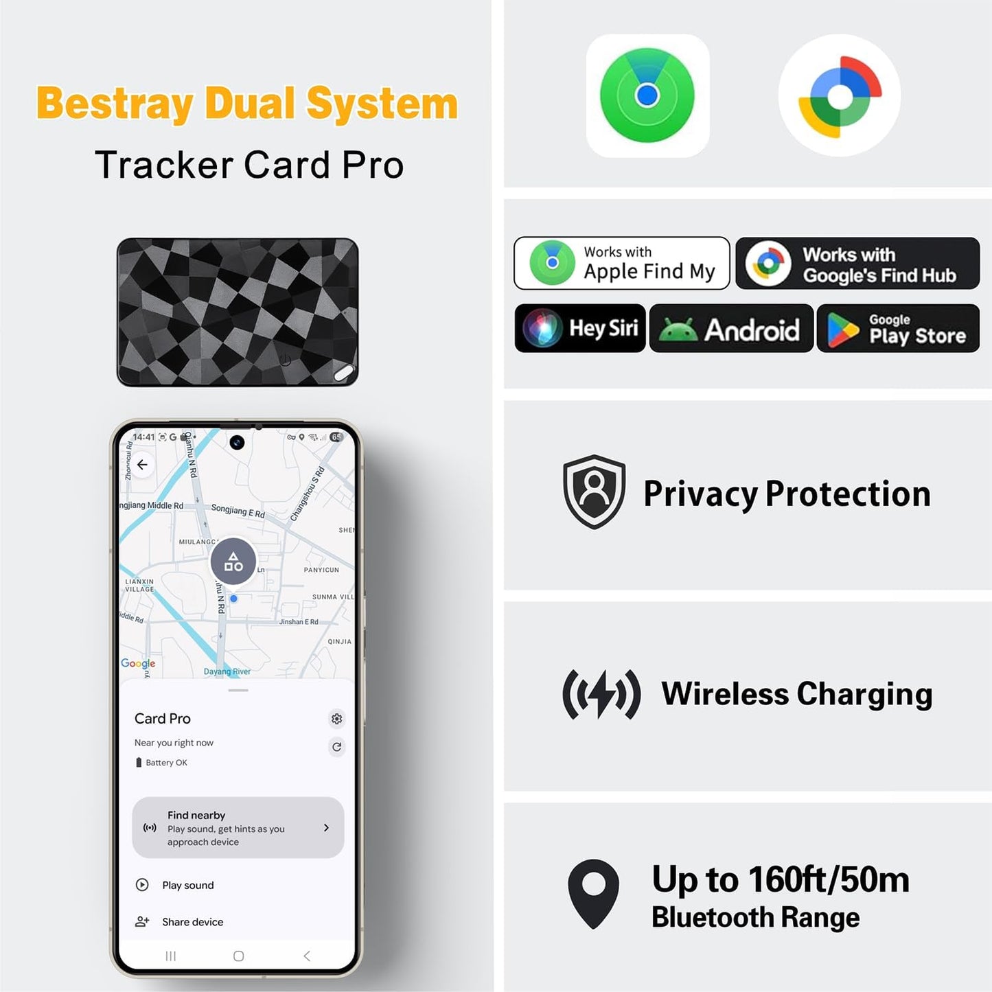 Bluetooth Wallet Tracker Card for iOS & Android, Apple Find My & Google Find Hub Compatible, Rechargeable Slim Credit Card Locator, 100dB Alarm, No Subscription